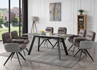 Image de lot de 6 chaises de salle à manger HWC-G66, chaise de cuisine chaise, pivotante Auto-Position tissu MVG ~ gris clair-gris, avec accoudoirs