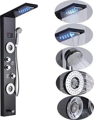 Obrázek produktu pro Sprchový panel z nerezové oceli s LCD displejem a masážními tryskami Hydromasážní sprchový sloup, černý
