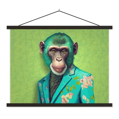 Produktbild von MuchoWow® Textilposter Affe - Colbert - Blumen - Neon - Porträt 120x90 cm mit schwarzem Rahmen - Aufhänger für Poster