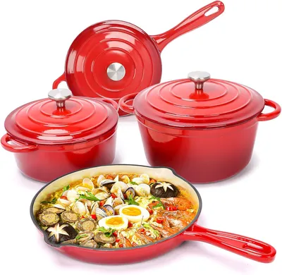 Produktbild von E-Mail-Kochgeschirr-Set aus Gusseisen – 7-teilig – Für holländische Öfen und zum Brotbacken – Pfanne – 3 Deckel