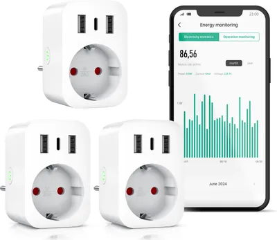 Produktbild von BEARWARE WLAN-Steckdose mit USB, 2,4Ghz WiFi Fernsteuerung per Smart life App, Sprachsteuerung, 3-St., Zeitschaltuhr, Energiekostenmessgerät, USB-Ladegerät, Countdown Timer