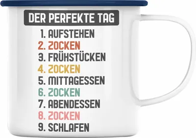 Produktbild von Trendation - Zocker Gamer Emaille Tasse mit Spruch Geschenk Junge Jungs Gaming Emaille Emaille Tasse Der Perfekte Tag (Blau)