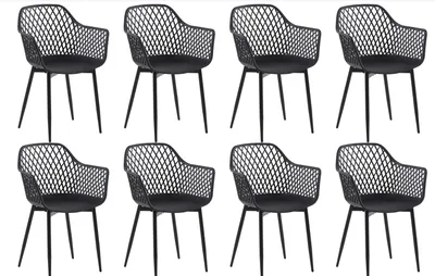 Produktbild von HJ_WeDoo, 8er Set Esszimmer- & Gartenstühle, Modell Tarje, Schwarz, Sitz Kunststoff, Metallbeine, mit Rückenlehne & Armlehne, 130 kg Tragkraft, Retro & Skandinavisches Design, Gitterstruktur & Ergonomische Rückenlehne