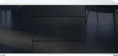 Produktbild von Vladon Sideboard Faro V2 - Kommode mit 2 Türen & 4 Schubladen, Schrank mit LED Lichtleiste, Weiß matt / Schwarz Hochglanz (166,5 x 75,5 x 35)