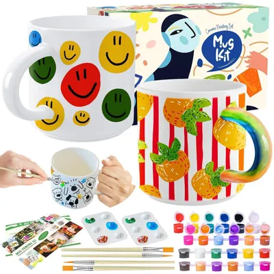Image de Kit de peinture sur céramique comprenant 2 tasses, des couleurs et des pinceaux