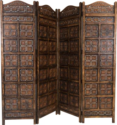 Zdjęcie produktu dla Orientalna drewniana ścianka działowa Kamala 200 x 180 cm wysokości w kolorze brązowym | Indyjska ścianka działowa jako przegroda lub dekoracja w pokoju lub ekran prywatności w ogrodzie, na tarasie lub balkonie