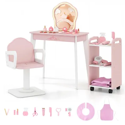 Productafbeelding van COSTWAY Make-up tafel voor kinderen met draaistoel, kapperswagen, accessoires, verstelbare verlichting en een afneembare spiegel, kappersmeubel, geschikt voor kinderen van 3-7 jaar, roze