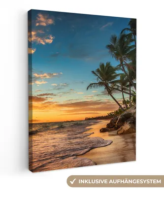 Produktbild von MuchoWow® - Leinwandbilder - Strand - Sonnenuntergang - Meer - Palme, Wandbild, Wanddeko Bilder Wohnzimmer, 90x120 cm