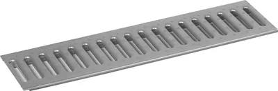 A silver drainage grate with multiple slots.