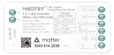 Produktbild von MiBoxer SM5 5-in-1 LED-Controller – Matter  und  2.4 GHz, Einfarbig, CCT, RGB, RGBW, RGB+CCT, 12–24 V, 12 A