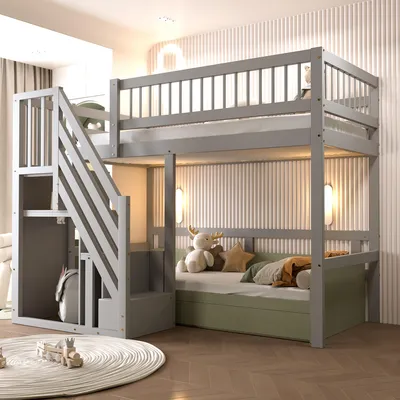 A child's bedroom with a gray bunk bed and a green trundle bed.