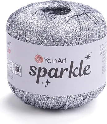A ball of silver, sparkly yarn with a label.