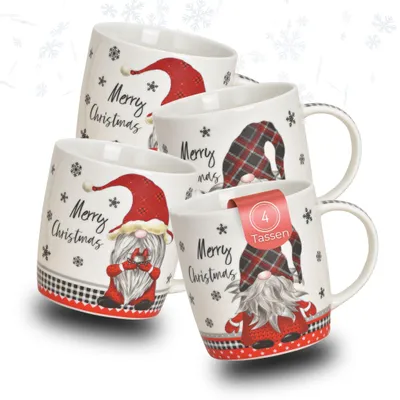 Produktbild von Weihnachtstassen 4er Set lustige Wichtel rot grau weiß