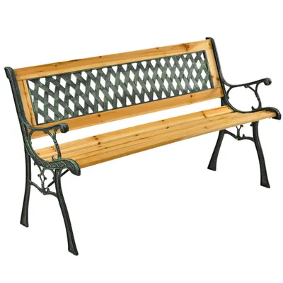 Produktbild von Gartenbank aus Holz und Metall mit Rückenlehne
