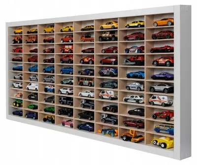 Produktbild von Weißes Wandregal für 80 Modellautos 1:64, horizontale Sammlervitrine für Spielzeugautos