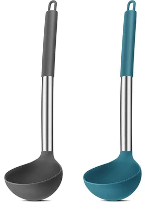 Zdjęcie produktu dla Zestaw dwóch łyżek do zupy, silikonowe, ze stalą nierdzewną, z uchwytem, 30 cm, szare i niebieskie