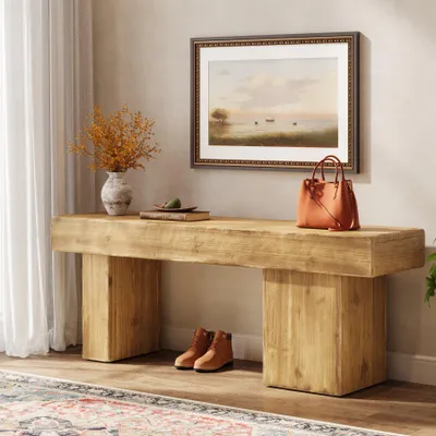 Image de Banc en bois massif, banc à chaussures de 120 cm de long, banc d'entrée de style rustique avec une assise épaisse et des pieds sculptés, banc d'intérieur robuste