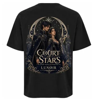 Produktbild von Damen Oversize T-Shirt Schwarz S – Bedrucktes Shirt mit Sternen Motiv aus Baumwolle – LUNØIR ©