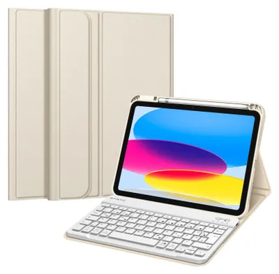 A tablet with a keyboard case and stylus.