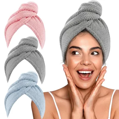 Obrázok produktu pre Sada 3 mikrovláknových turbanových uterákov: sivá, ružová, modrá. Vynikajúca savosť