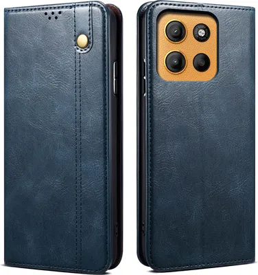 A blue leather flip case for a smartphone, shown from the front and back.