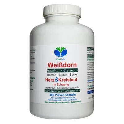 Produktbild von Weissdorn Weißdorn 360 Pulver Kapseln - Blätter Blüten Beeren - Ohne Zusatzstoffe Natur Pur.
