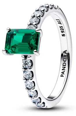 Image de Bague Pandora « Halo » rectangulaire verte, argent, 194506C01, taille 54
