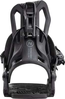 A black snowboard binding is shown against a white background.