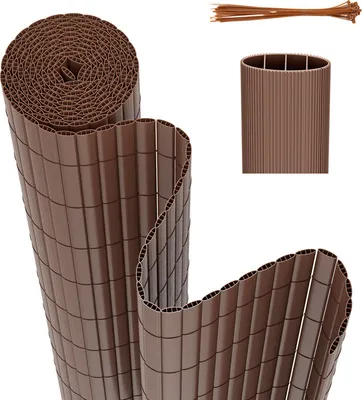 Produktbild von Fiqops Sichtschutzmatte PVC Braun 140x400cm für Garten & Balkon, Windschutz und Balkonverkleidung, Verbindbar, Kürzbar, Verstärkte Stabilität