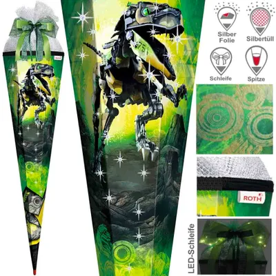 Produktbild von Roth Schultüte 85 cm Jungen Exklusiv Set, Motiv / Ausführung:Robo-T-Rex Schleife LED Folie Spitze