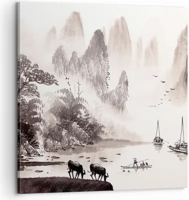 Produktbild von Bild auf Leinwand - Leinwandbild - Einteilig - Chinesisch Landschaft Aquarell - 60x60cm - Wand Bild - Wanddeko - Wandbilder - Leinwanddruck - Bilder - Wanddekoration - Leinwand bilder - AC60x60-4265