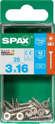 Produktbild von SPAX Edelstahlschraube, 3 x 16 mm, 25 Stück, Vollgewinde, Senkkopf, T-STAR plus T10, S-Spitze - 4197000300161