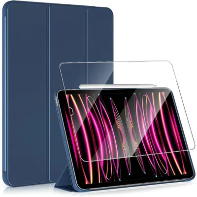 Image de Coque + Verre Trempé pour iPad Pro 12,9'' (3/4/5/6 2018 2020 2021 2022) Protection Antichoc Veille-Réveil - Bleu Marine