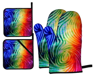 Produktbild von 4-teiliges Batik-Ofenhandschuh- und Topflappen-Set, rutschfeste Koch- und Küchenhandschuhe, waschbar, hitzebeständig für Mikrowelle, Grillen und Backen