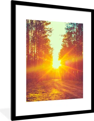 Produktbild von MuchoWow® Gerahmtes Poster Sonnenuntergang - Bäume - Wald - Natur 60x80 cm - Poster mit Schwarzem Bilderrahmen Wandposter Rahmen Foto Bilder - Wohnzimmer - Dekorationen - Prämie
