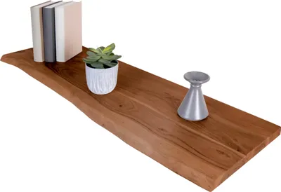 Produktbild von Holzplatte 100x30 cm Arya, Holzbrett Akazie massiv + nussbaumfarben, Baumkanten-Platte für Heimwerker, Regale & Fensterbretter, einseitige Baumkante