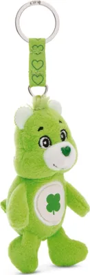 A plush toy keychain of a green bear with a shamrock on its belly.