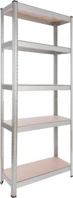 A silver metal shelving unit with light brown shelves against a white background.