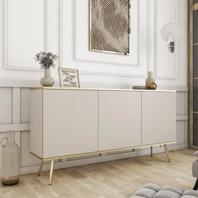 Produktbild von Kommode Sideboard FORNO Beige Gold Glamour Art Deco 3-türig Goldene Füße
