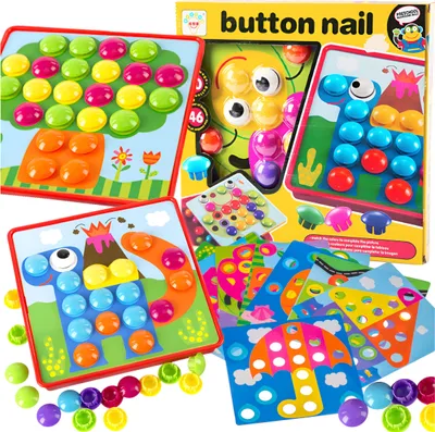 A collection of toy mosaic boards and colorful buttons, along with the product packaging.