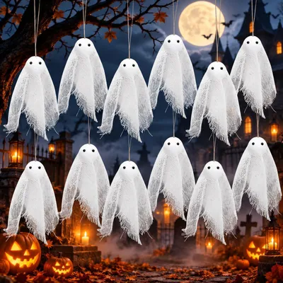 12er-Set Halloween-Hängegeister, Grusel-Deko für draußen, 25 cm