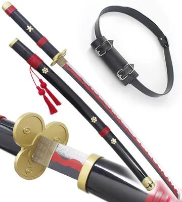 Produktbild von One Piece Katana aus Holz Enma von Zoro, Meito Schwert + Schwarzer Gürtel mit Schwerttragefunktion.
