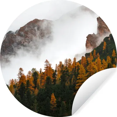 Produktbild von MuchoWow® Runde Wandtattoo - Wandsticker Tapete Aufkleber Berg - Nebel - Wald Ø 50 cm Selbstklebend und Repositionierbar - Wandaufkleber - Kreis - Wand Kreis - Wand Bild - Foto Tapete - Selbstklebende - Wohnzimmerdekoration - Wand Dekoration - Kinderzimmer