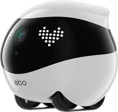 A white and black robot with a heart-shaped LED display on its face, shown from a three-quarter front view on a white background.