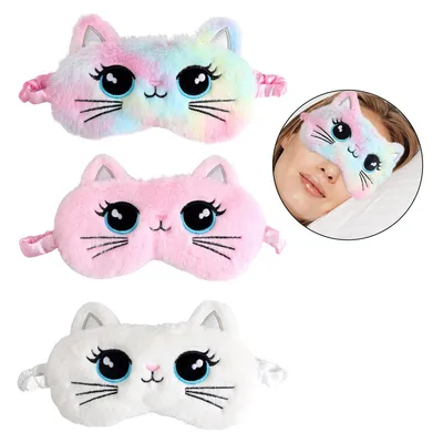 Produktbild von 3er Set Schlafmasken mit niedlichen Katzenmotiven, Plüsch, verstellbares Band, Lichtblockierung, ideal für Kinder & Reisen