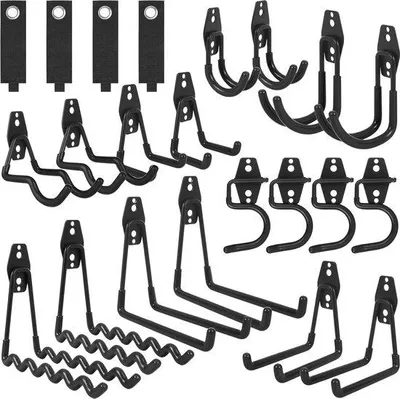 Image de Supports de garage - Lot de 22 crochets doubles de rangement pour garage - forte capacité de charge - supports à outils pour vélos - noir