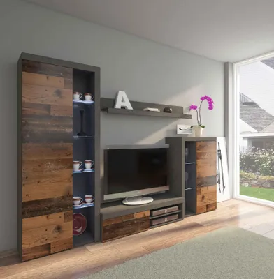 Produktbild von Set RUBEN – 2 Vitrinen, TV-Schrank und Wandregal – Wohnwand 270 cm für Wohnzimmer - Old Style