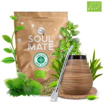 Produktbild von Soul Mate - Mate Tee Bio Set Mega Menta 500g - Keramik Becher 350ml, Bombilla - Yerba Mate Grün Luftgetrocknet Rauchfrei - Brasilien