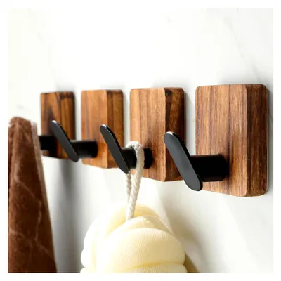 Produktbild von Handtuchhalter ohne Bohren - Selbstklebende Holz Haken, 4 Stück, rustikale Klebehaken für Handtücher, Bademäntel, Kleidung – Dekorative Aufbewahrung für Badezimmer, Schlafzimmer, Flur