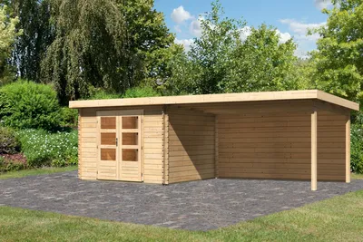 Produktbild von Gartenhaus Blockbohlenhaus Gerätehaus Bastrup 5 im Set mit Anbaudach 4 m breit, 28 mm Rückwand naturbelassen 679x297x220 cm